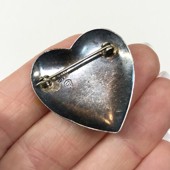 Vintage 214 FLEMING Mexico 925 Sterling Silver Engraved Etched Heart Pin Brooch - Picture 8 of 8